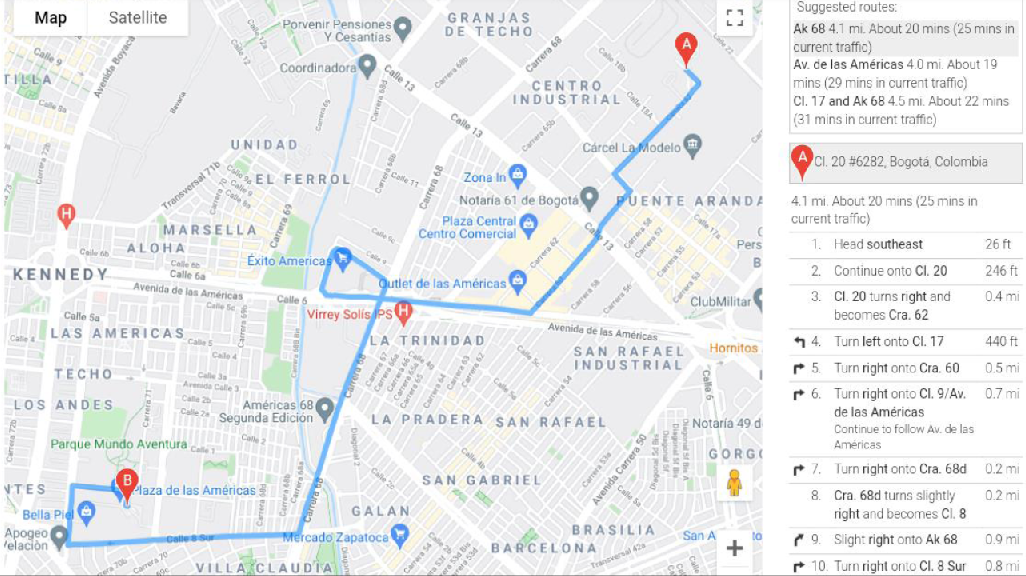 Mapa de trazabilidad entre dos puntos mostrando direcciones y sugerencias de tráfico.